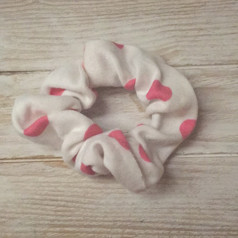 white scrunchy with pink polka dots